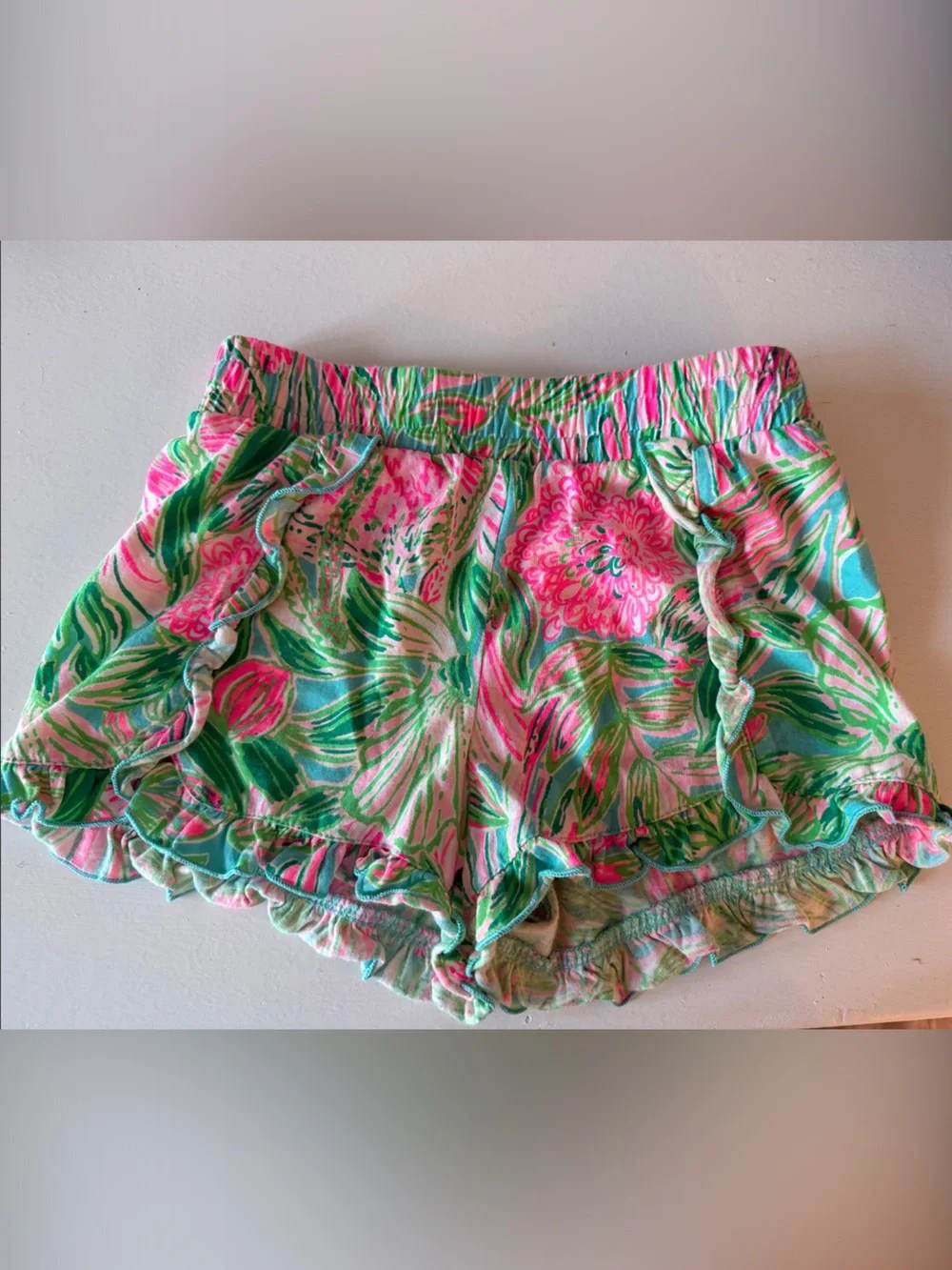 Pink & Green Tropical Ruffle Shorts - Picture 1 of 5